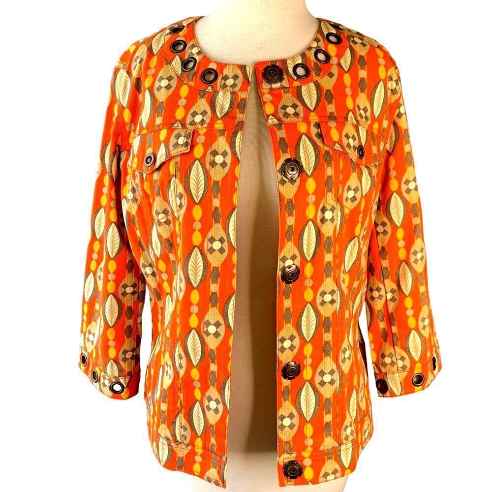 Multiples 3/4 Sleeve Blazer Denim Jean Jacket Snap Buttons Size S Orange Autumn